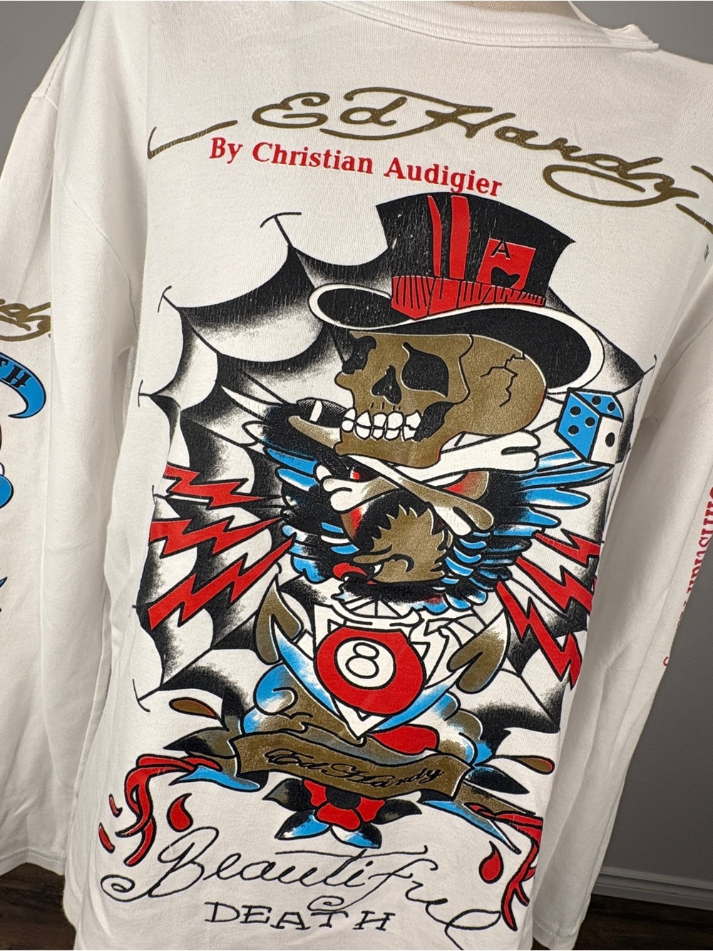 Ed Hardy Christian Audigier Woman Beautiful Death Skull White Long Sleeve Top XL - Picture 4 of 10